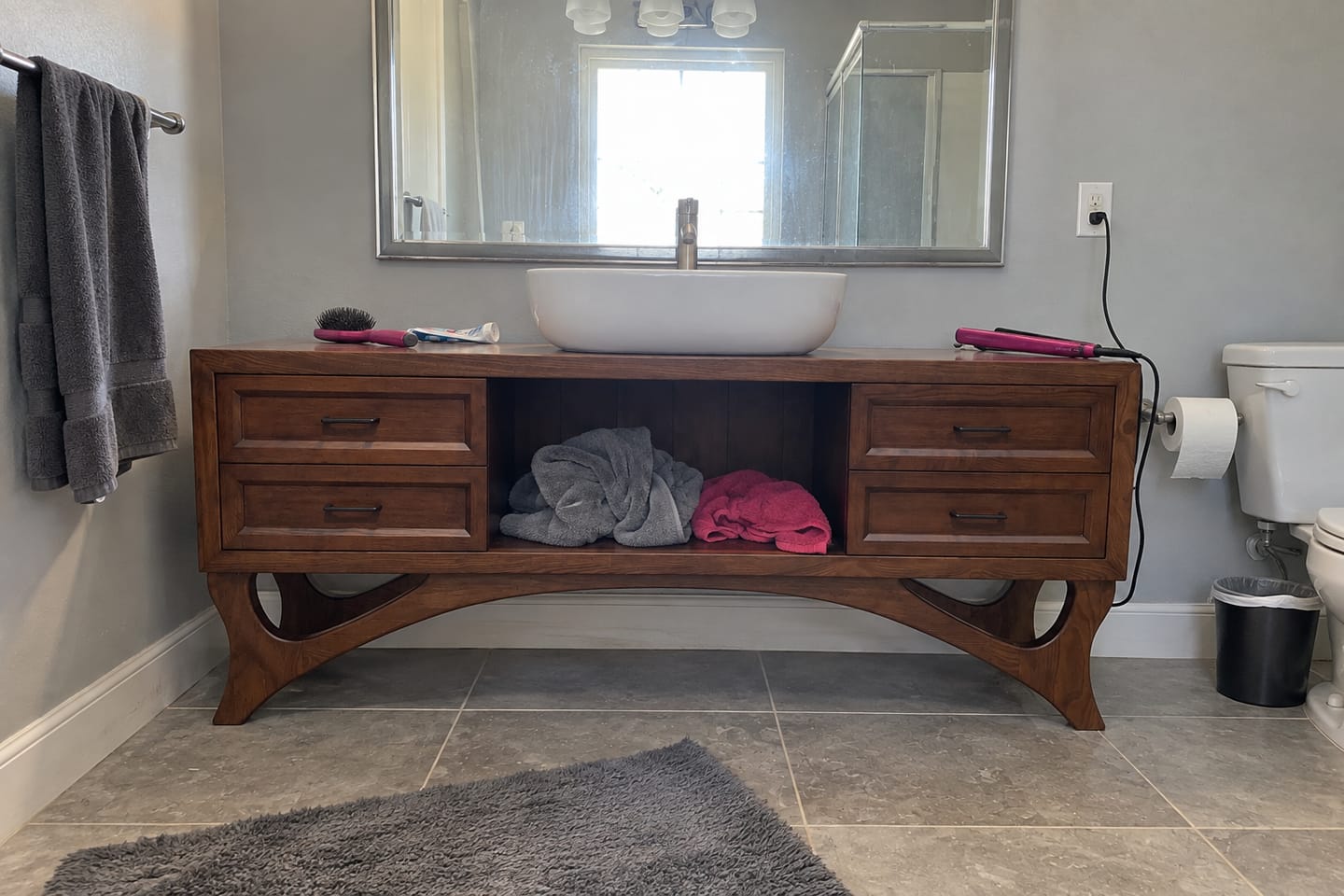 Customer photo review of Curved Leg Double Sink Bathroom Vanity Natural Solid Wood Modern