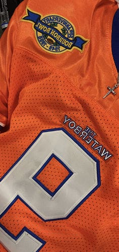 Customer photo review of Custom Orange Mesh Authentic Football Jersey with Royal and White Lettering Design 0140
