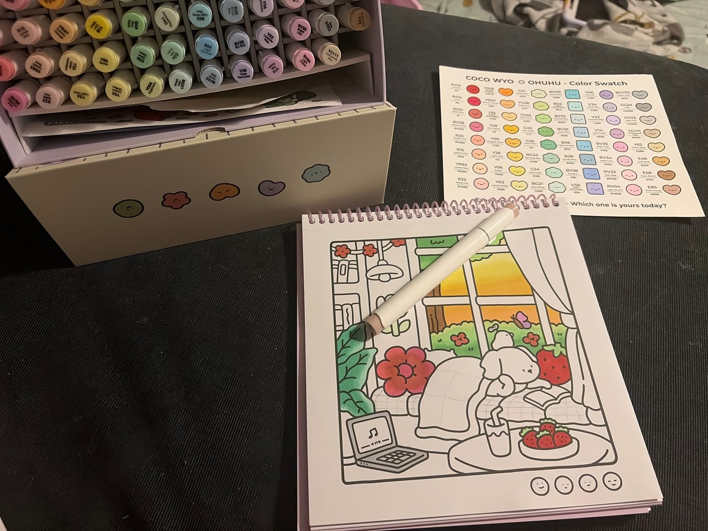 Customer photo review of Ohuhu x Coco Wyo Cozy Mood Coloring Kit, Honolulu B 48 Colors Alcohol Markers with Brush & Fine Dual Tips, Coloring Book with Mood Tracker Pages