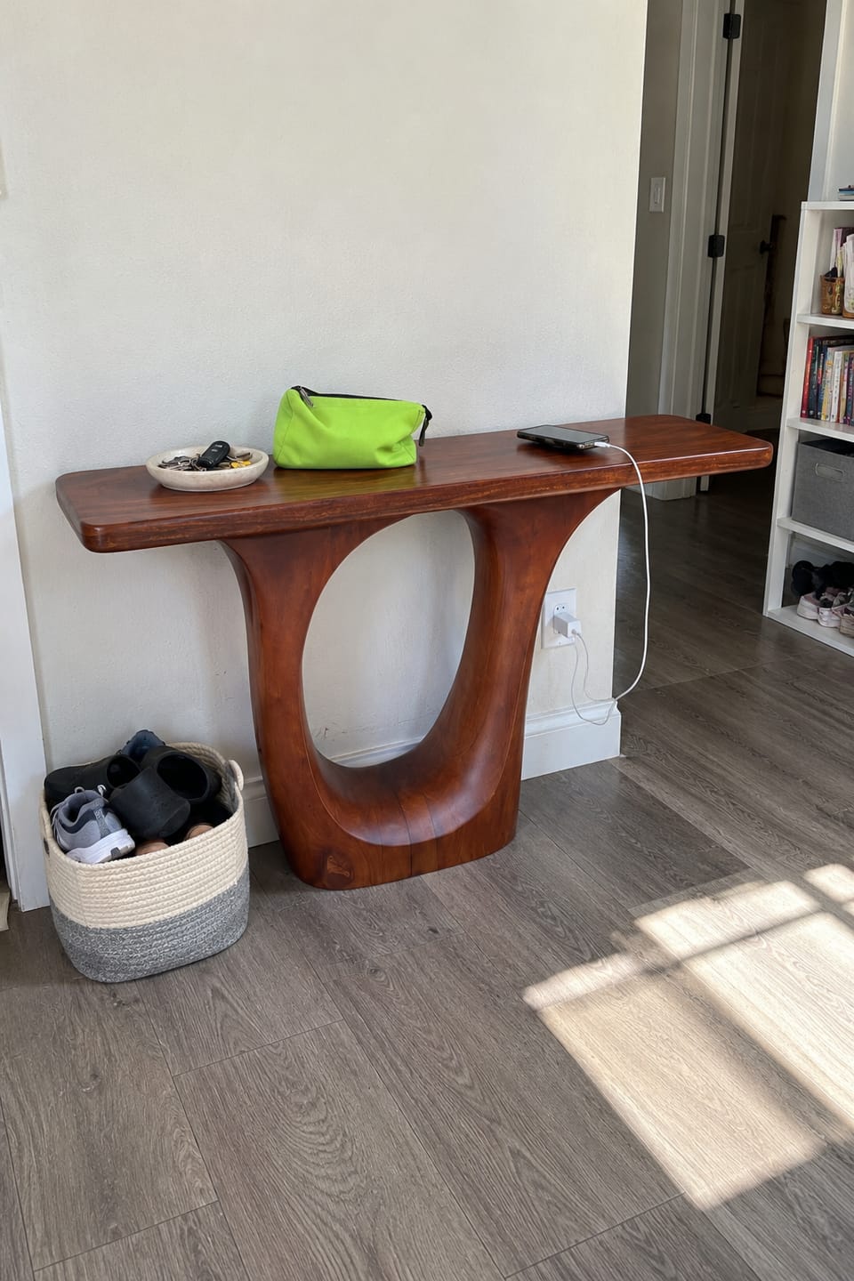 Customer photo review of Organic Flow Console Table in Natural Solid Wood with Sculptural Loop Base