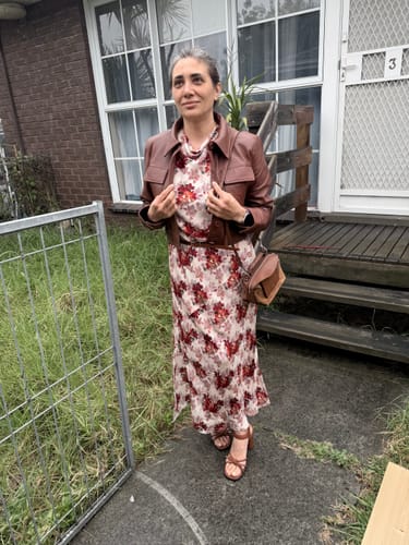 Customer photo: Cognac Cropped Shirt-Collar Jacket, worn by Maryna V.