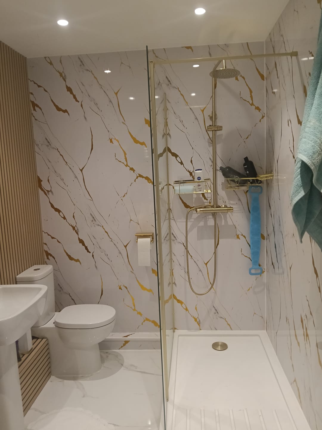 Customer photo review of Premium White Gold Gloss Shower Wall Panel - 1M x 2.4M