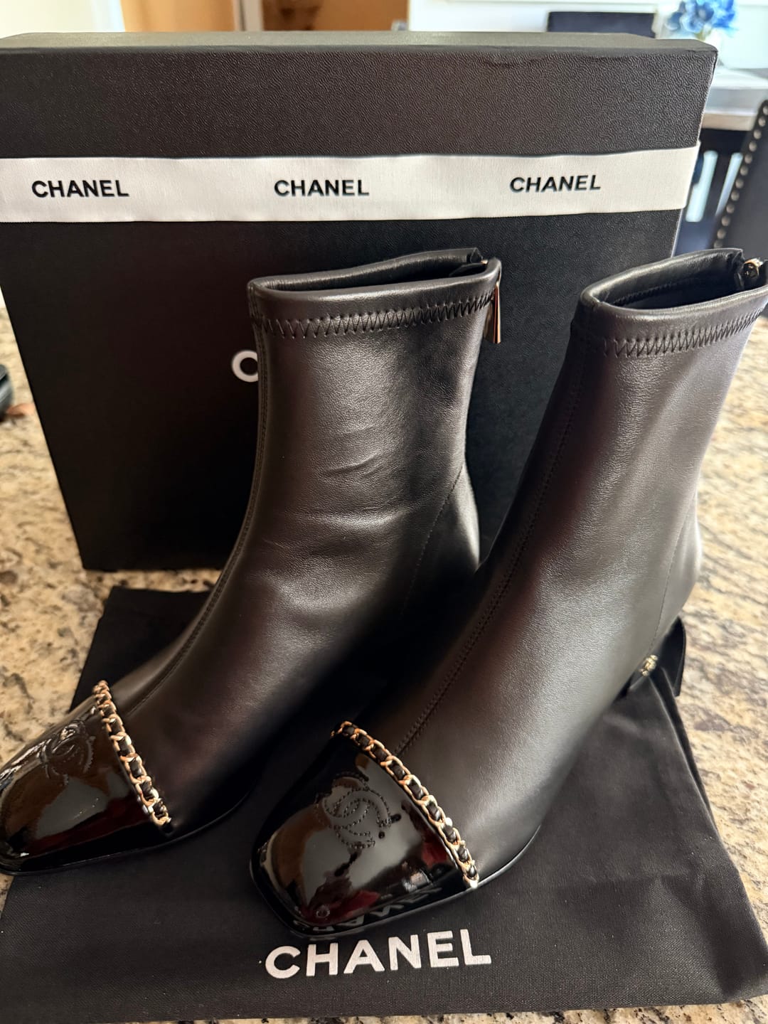 Customer photo review of CC Ankle Boot Black Calfskin Patent Calfskin