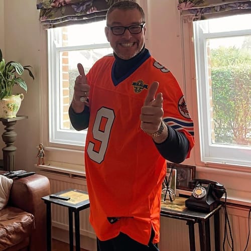 Customer photo review of Custom Orange Mesh Authentic Football Jersey with Royal and White Lettering Design 0140