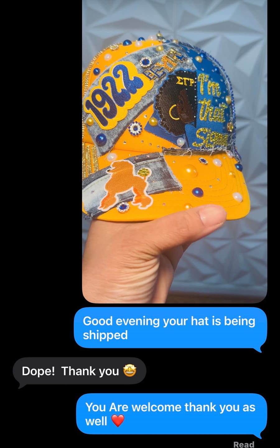 Customer photo review of Design Your Custom Sigma Gamma Rho Sorority Trucker Junk Hat | Rhinestones, Patches & Pearls | Greek Life Fashion Cap
