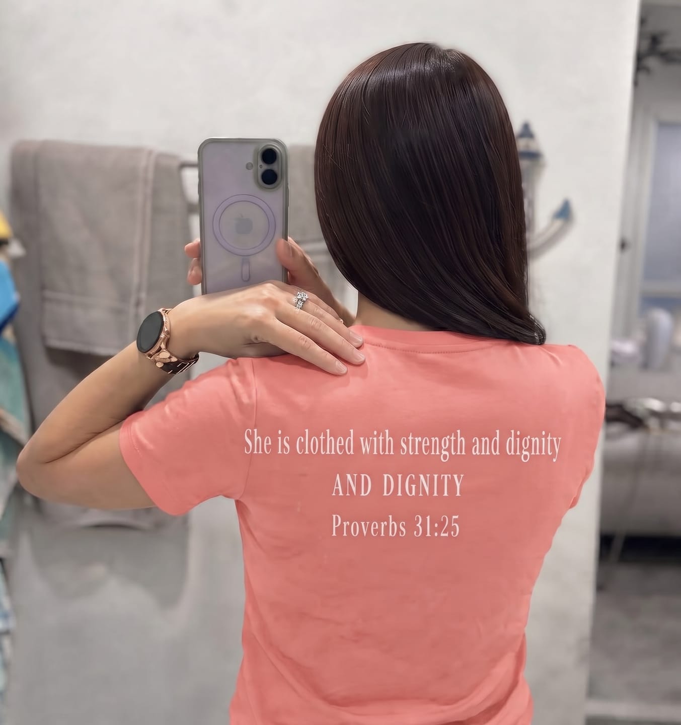 Customer photo review of Women's Proverbs 31:25 Performance Tee