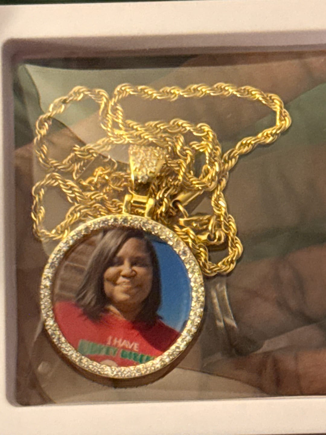 Customer photo review of Iced Circle Photo Pendant