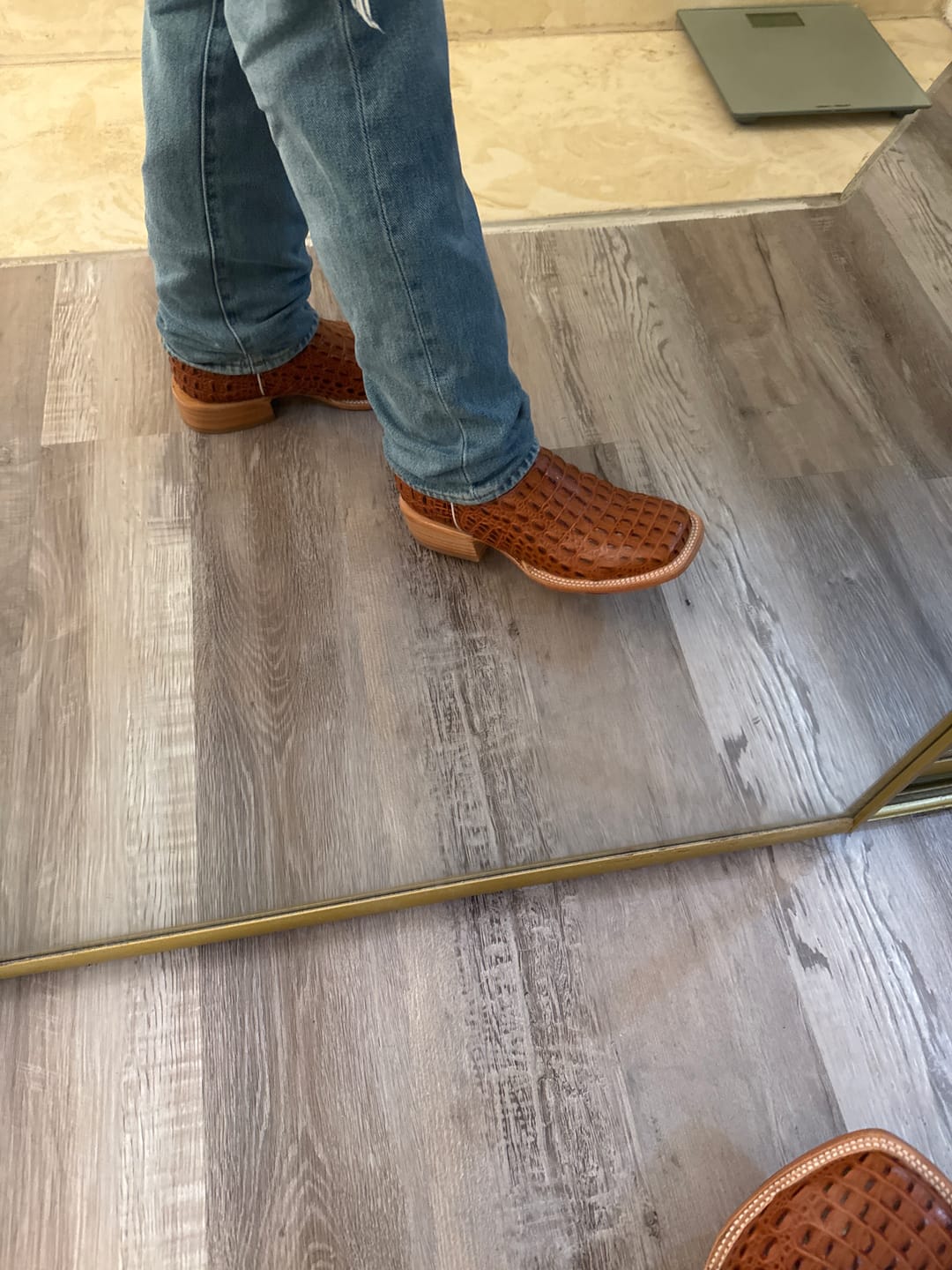 Customer photo review of Cognac Caiman Hornback Leather Boots - Square Toe