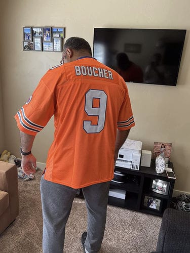 Customer photo review of Custom Orange Mesh Authentic Football Jersey with Royal and White Lettering Design 0140