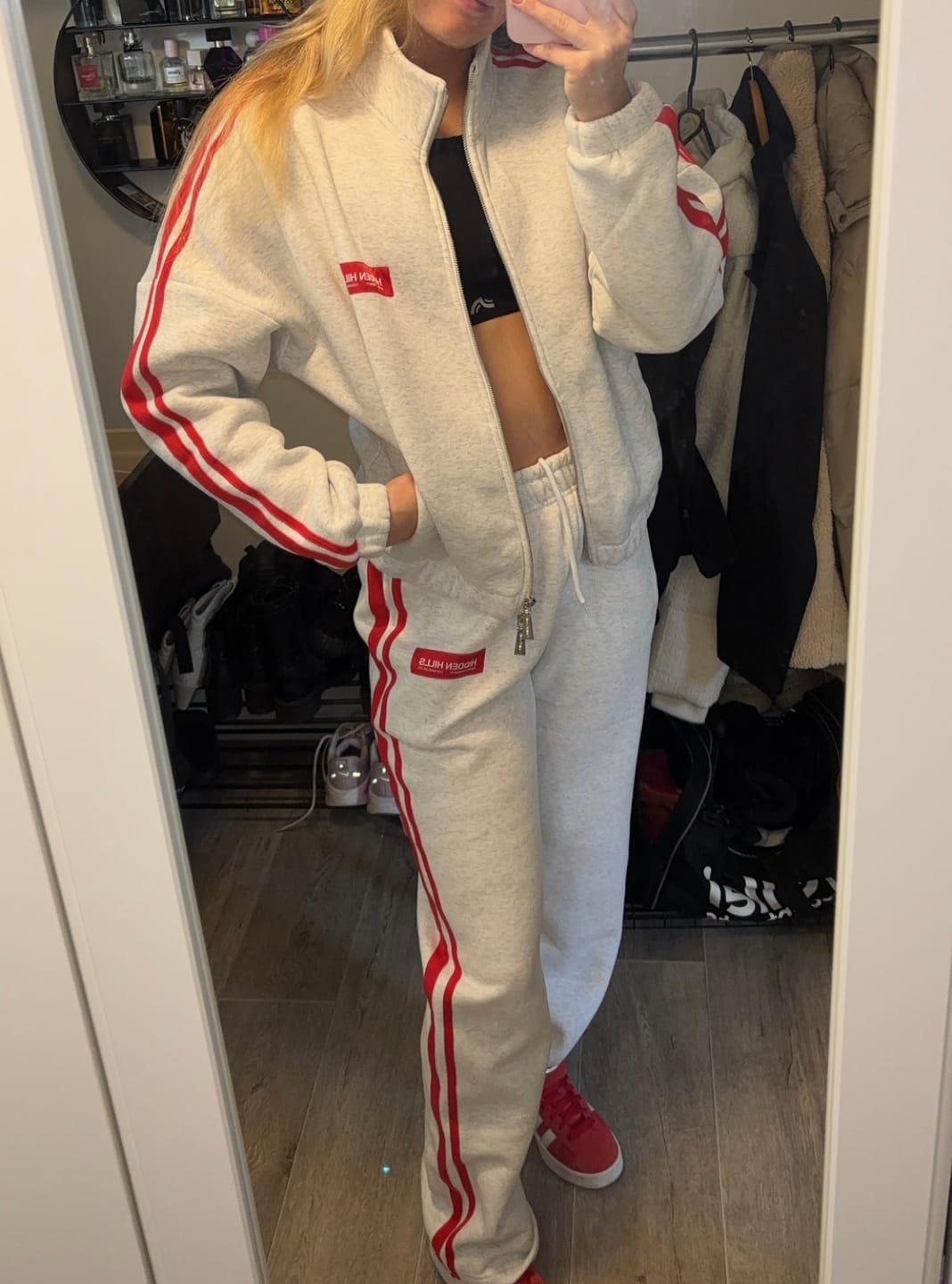 Customer photo review of STRIPED ZIP JACKET LIGHT GREY/RED