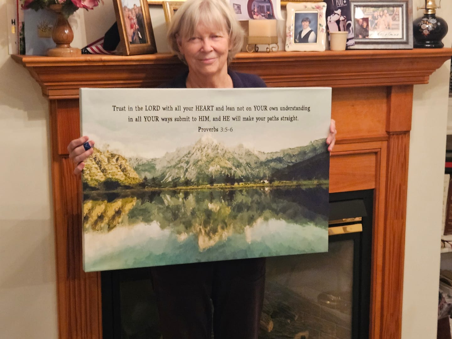Customer photo review of Proverbs 3:5-6 Trust In The Lord With All Your Heart, Mountain Lake, Christian Wall Art Canvas