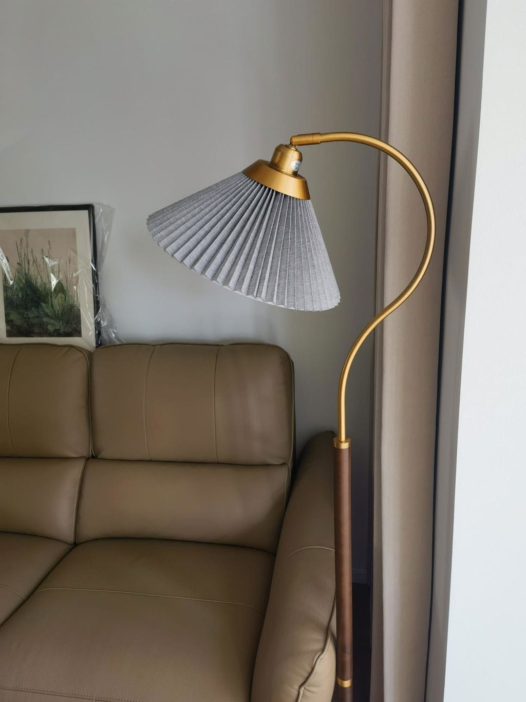 Customer photo review of Floor Lamp, Arc Walnut Stem, Pleated Shade, Foot Switch, 158 cm