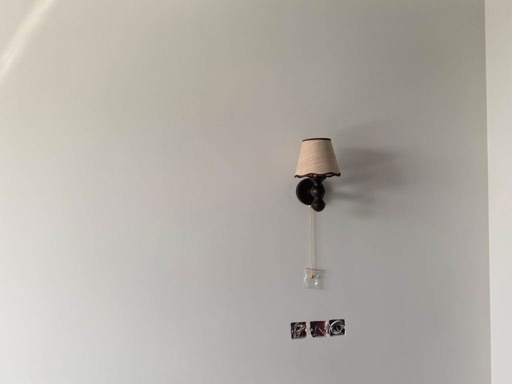Customer photo review of Wood Wall Light, Waved Fabric Shade, Walnut Base, Wall Sconce