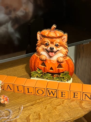 Customer's personalized wooden dog pumpkin plaque, displayed with orange Halloween blocks on a wood table.