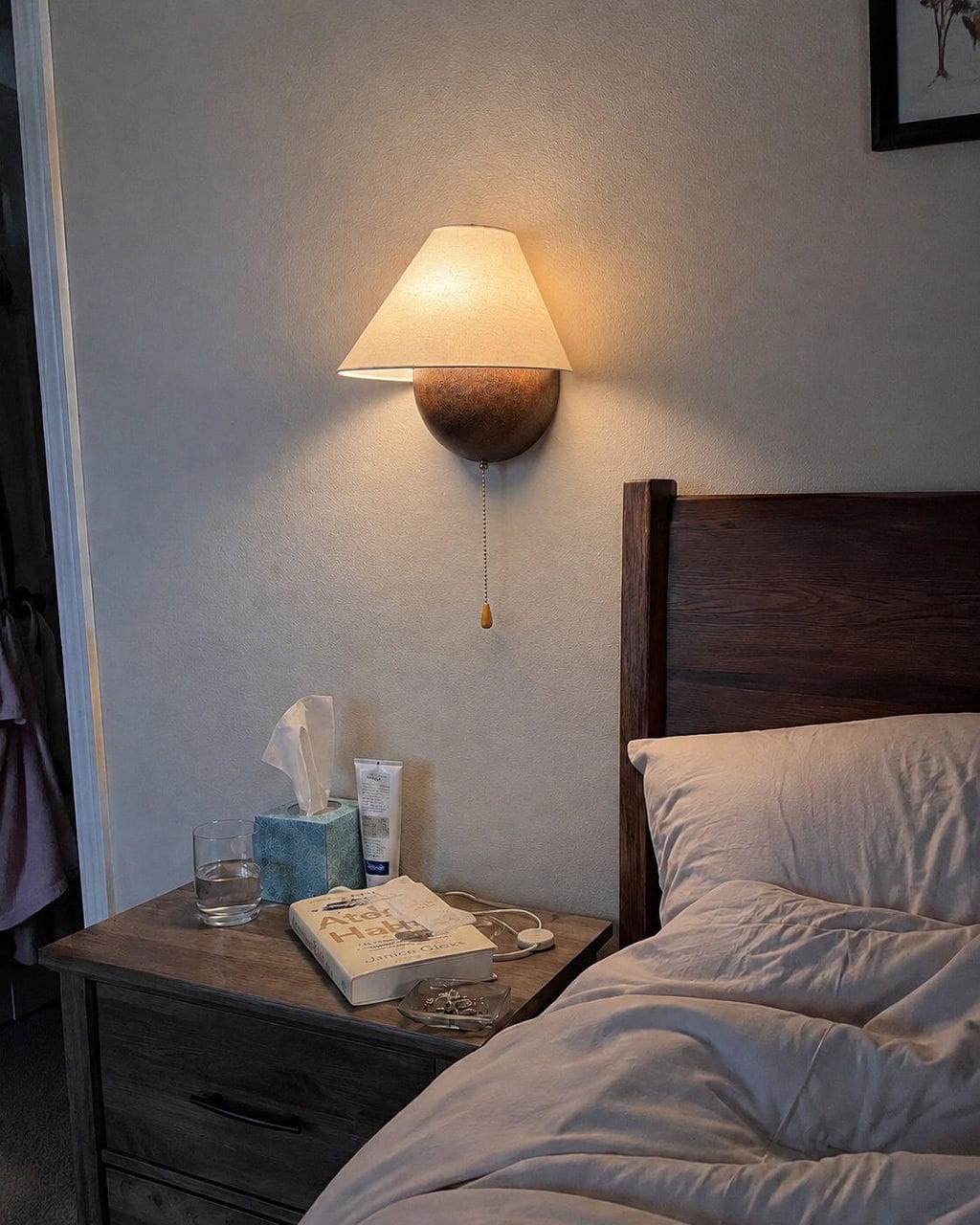 Customer photo review of Wall Light, Textured Iron Base, Fabric Shade, Pull Chain, Wall Sconce