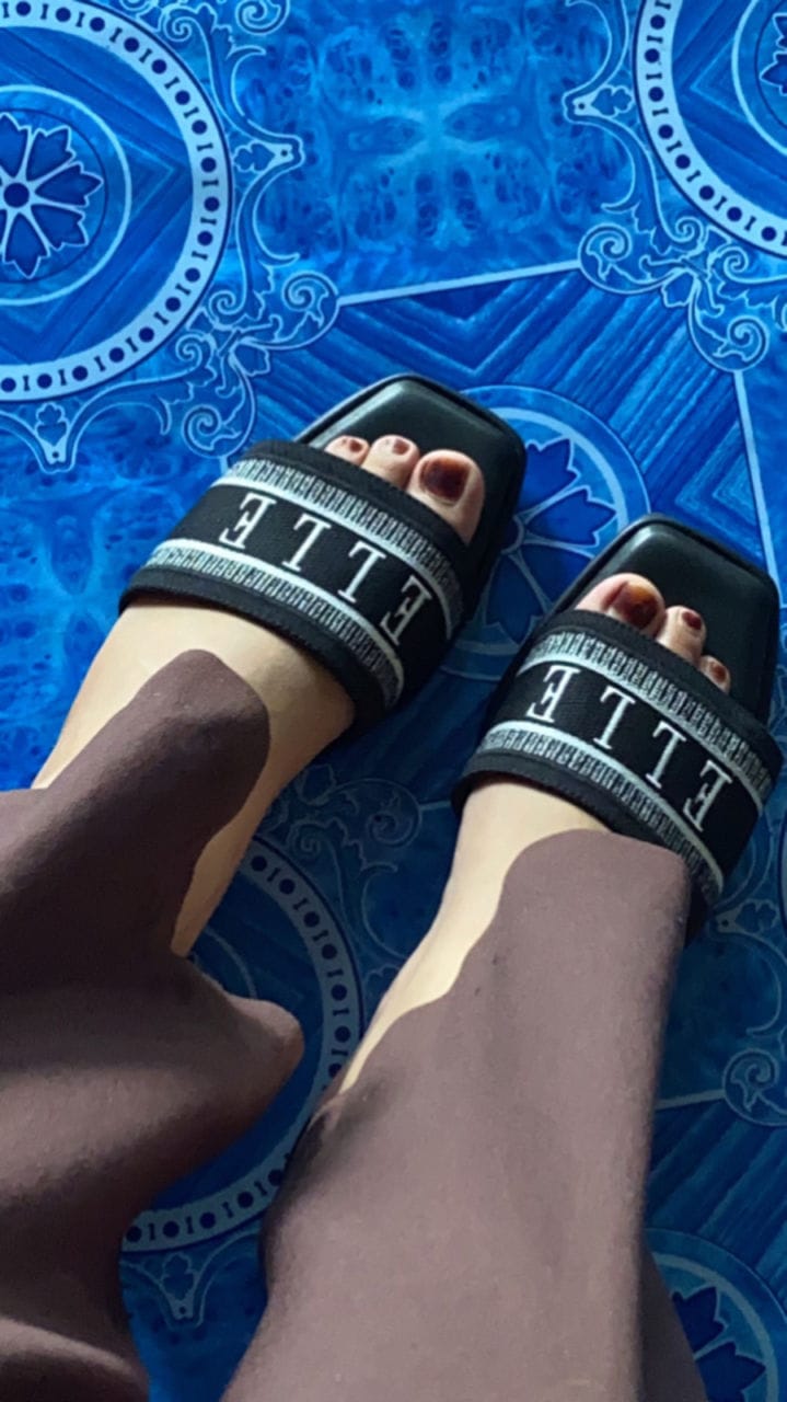 Customer photo review of Renee Logo Stitch Slip-on Sandals In Black