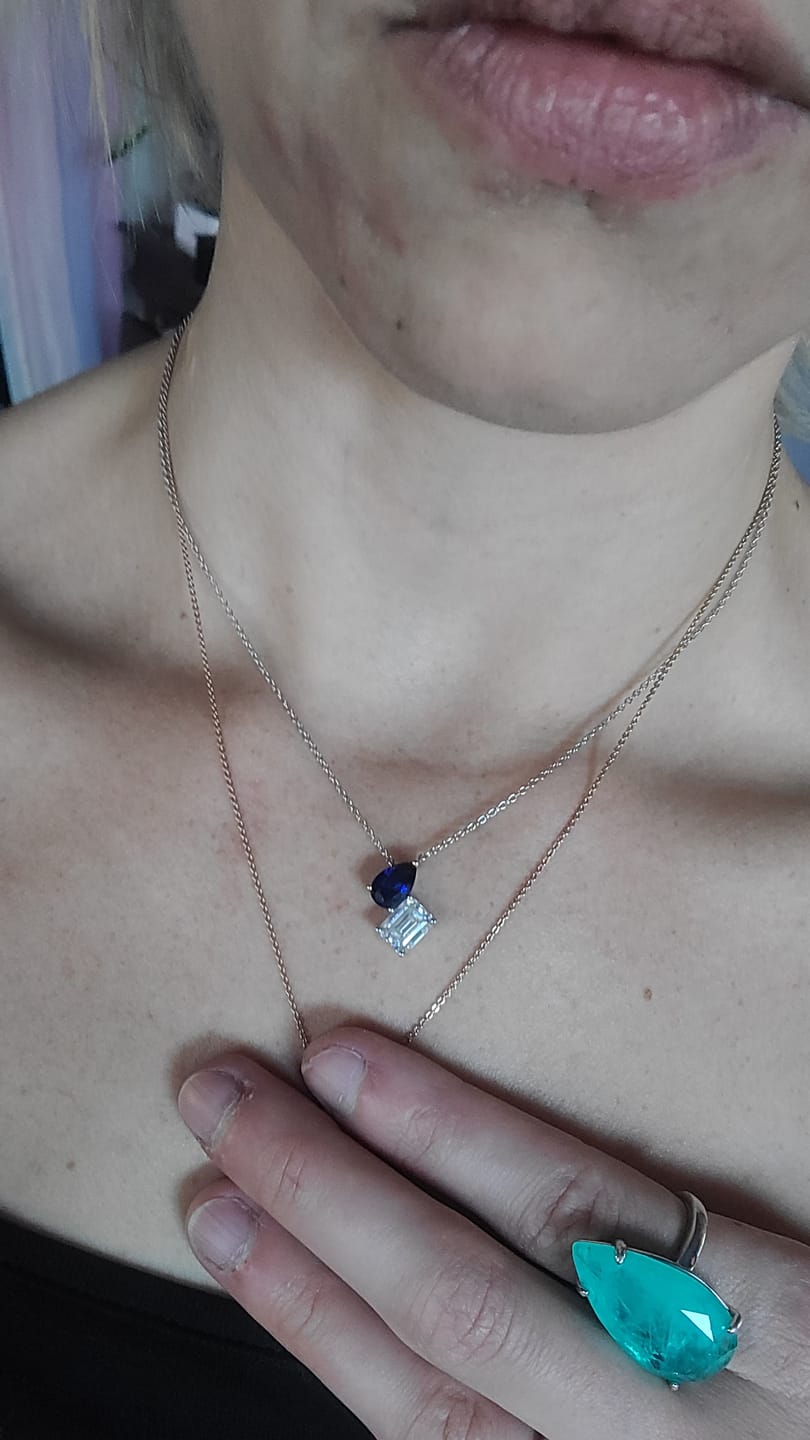 Customer photo review of Emerald-Cut Moissanite And Pear Sapphire Necklace In Sterling Silver