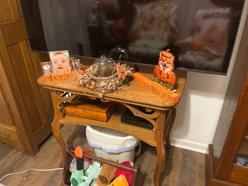 Reviewer's wooden dog pumpkin plaque on a wooden table, part of a festive autumn home display.
