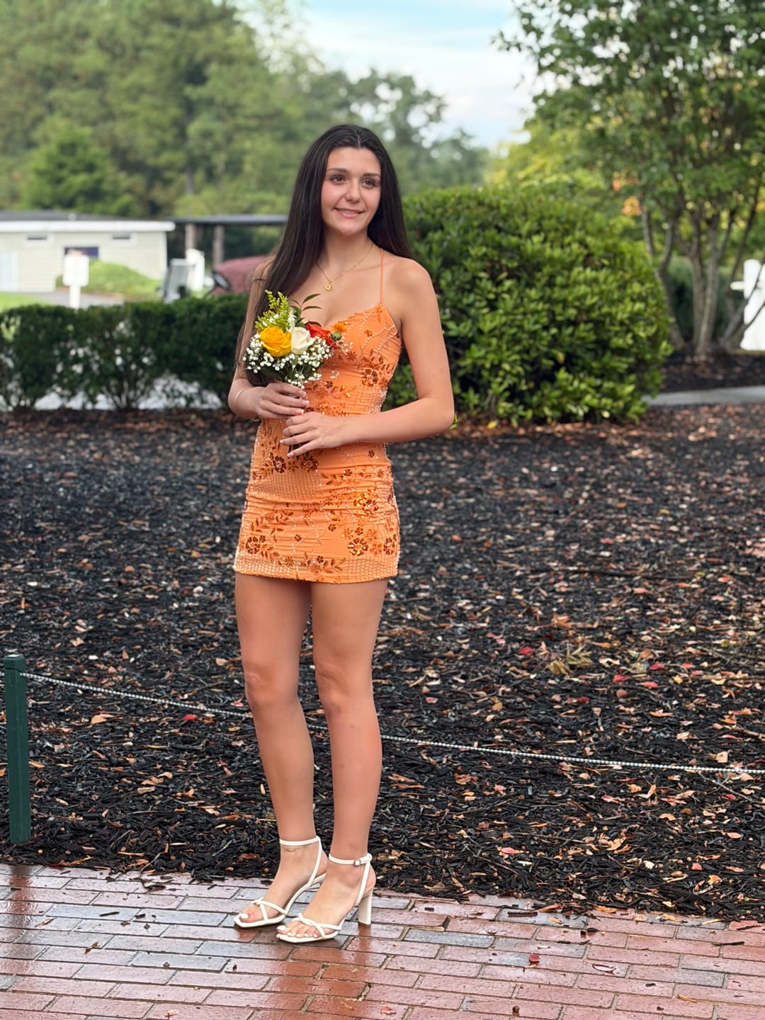 Customer photo review of V-neck Orange Beaded Bodycon Short Dress