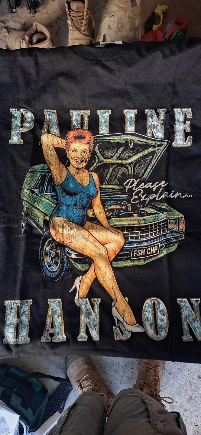 Customer photo review of Please Explain Pauline Hanson Tee Black