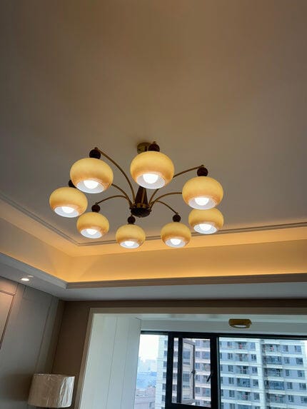 Customer photo review of Glass Chandelier, Caramel Heads, Metal and Wood Frame, 30 cm Rod