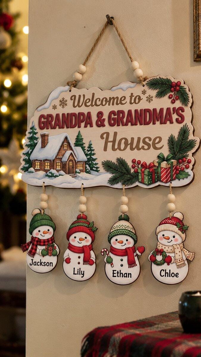 Customer photo review of Personalized Welcome to Grandpa & Grandma's House Snowman Sign – Custom Christmas Wooden Sign