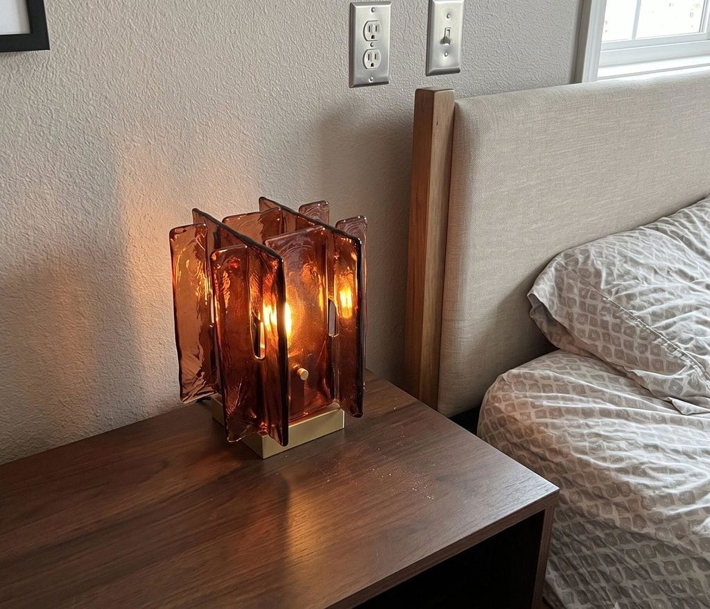 Customer photo review of Glass Table Lamp, Stacked Amber Red Panels, Brass Base, 19 cm