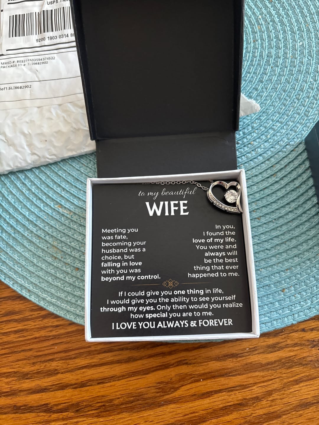 Customer photo review of To My Beautiful Wife Forever Love Necklace | Love of My Life Gift from Husband