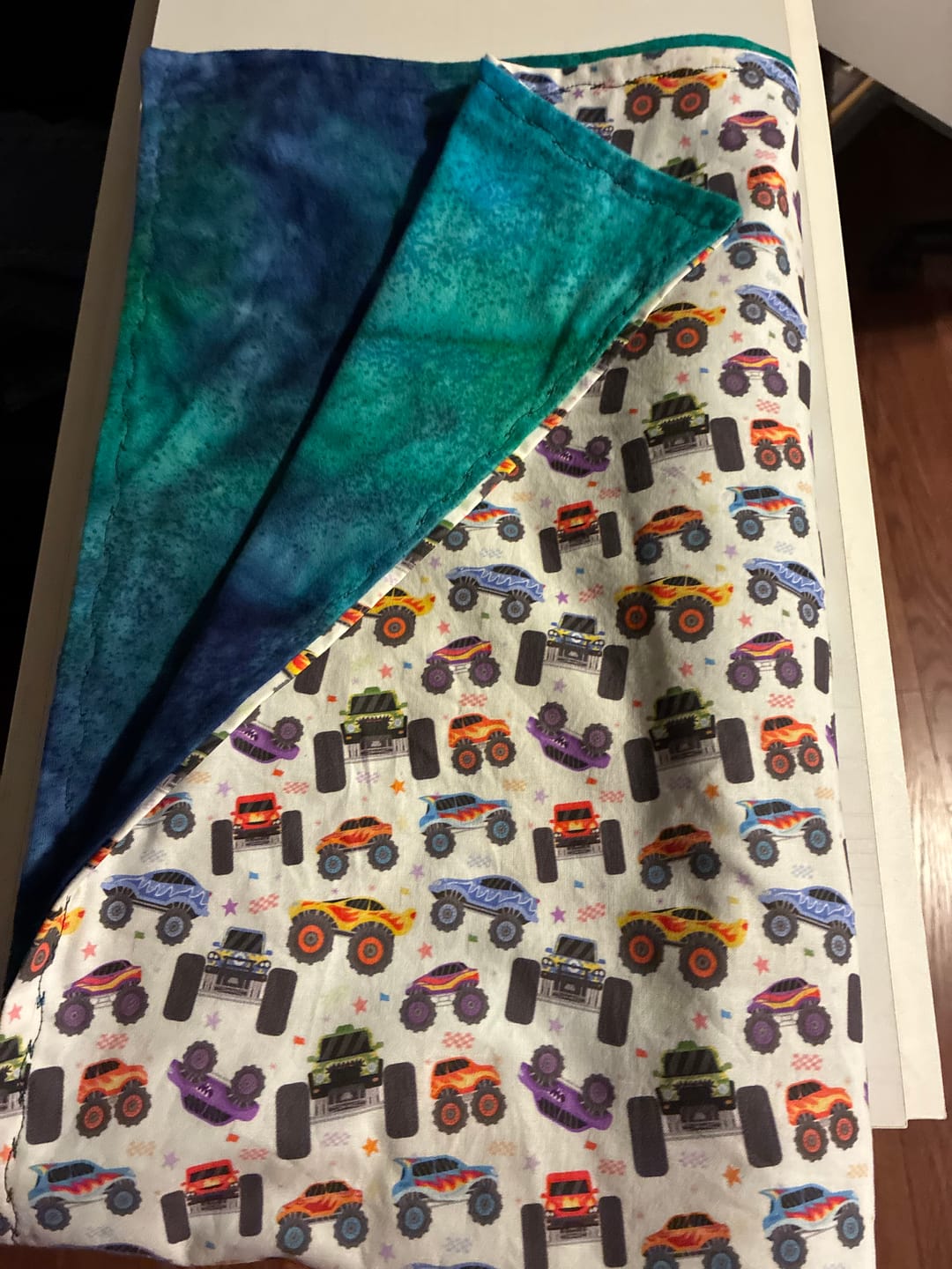Customer photo review of Cartoon Monster Trucks Fabric
