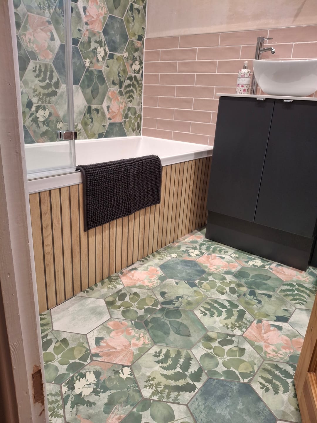 Customer photo review of Sivara Oak Slatted Wood Effect PVC Waterproof Shower Panel