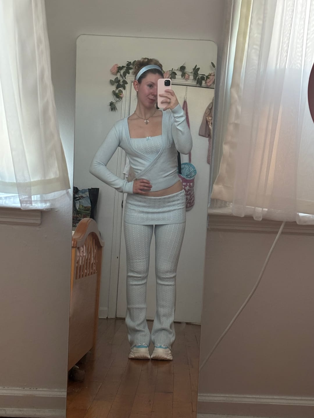 Customer photo review of Colette Cable Knit Fold‑Over Pants  (Ice Blue)
