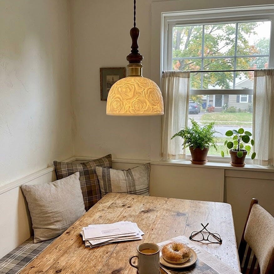 Customer photo review of Ceramic Pendant Light, Sculpted White Dome, Walnut Wood, Gold Cap