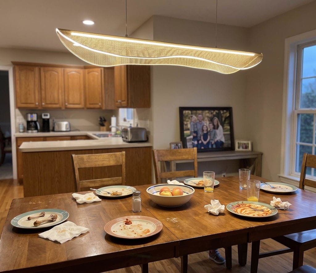 Customer photo review of Curved Linear Pendant Light for Dining Table, Gold, 100 to 150 cm