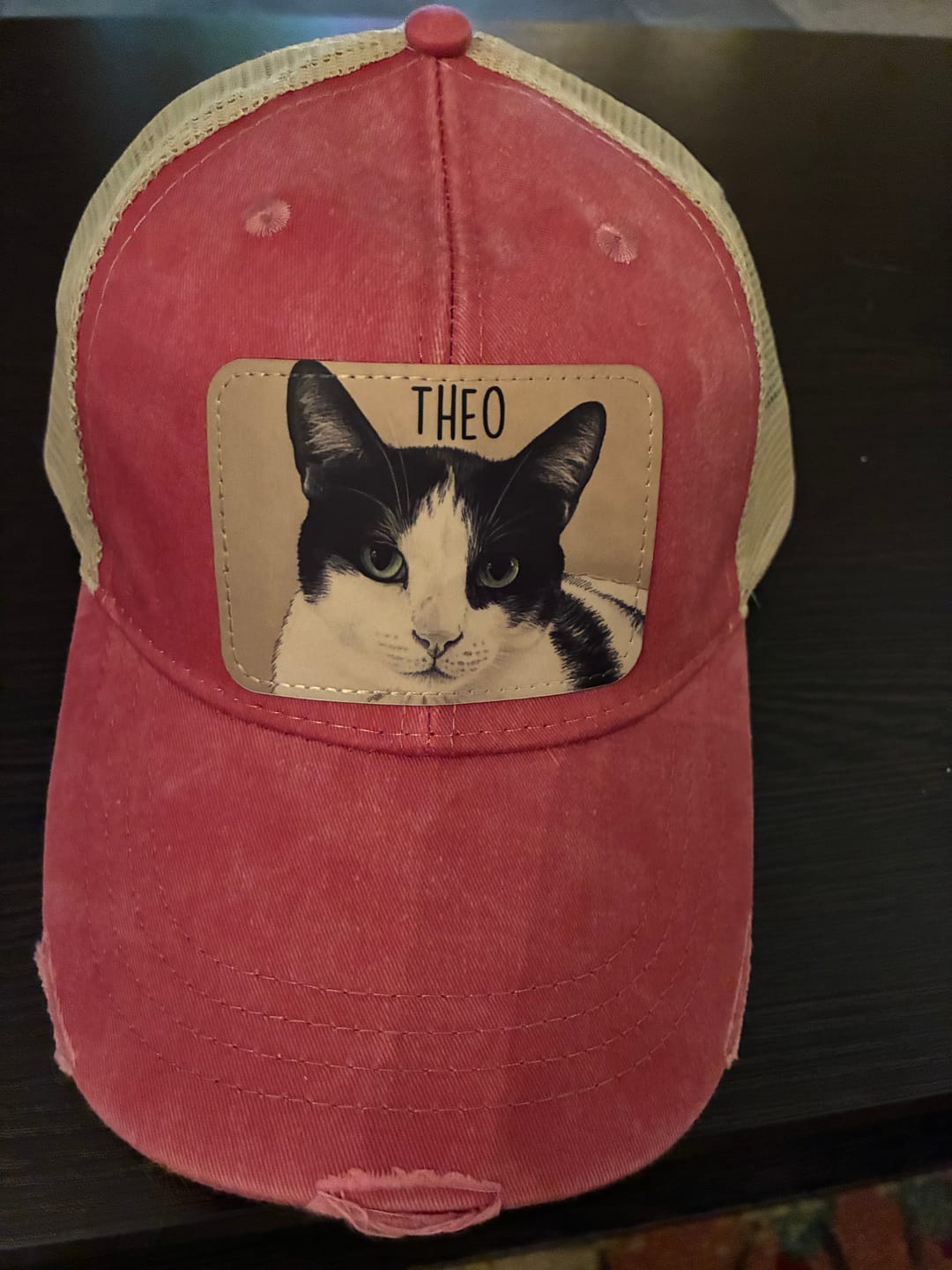 Customer photo review of Custom Cat Portrait Trucker Hat | Personalized Vegan Leather Patch Cap from Your Photo