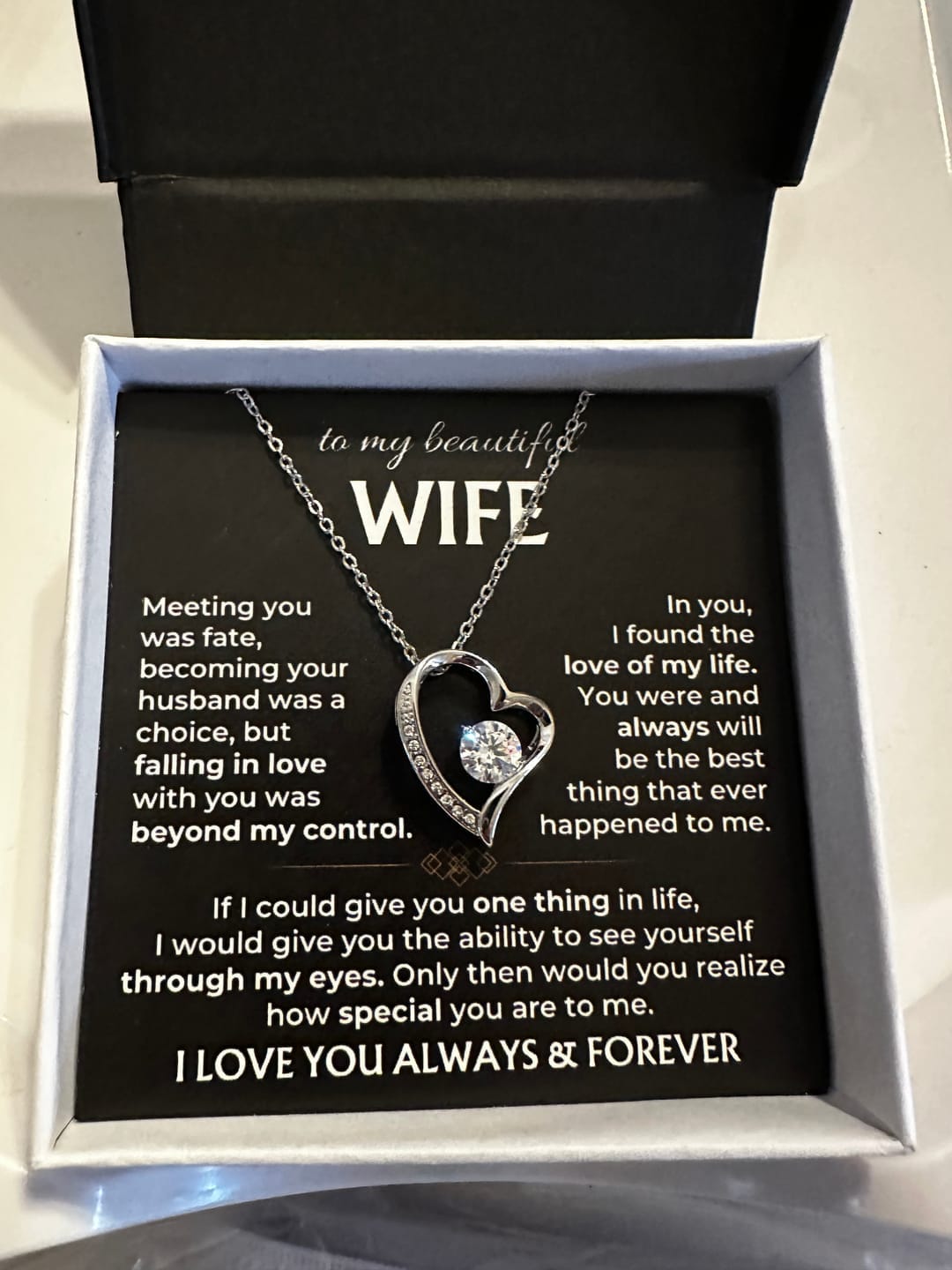 Customer photo review of To My Beautiful Wife Forever Love Necklace | Love of My Life Gift from Husband