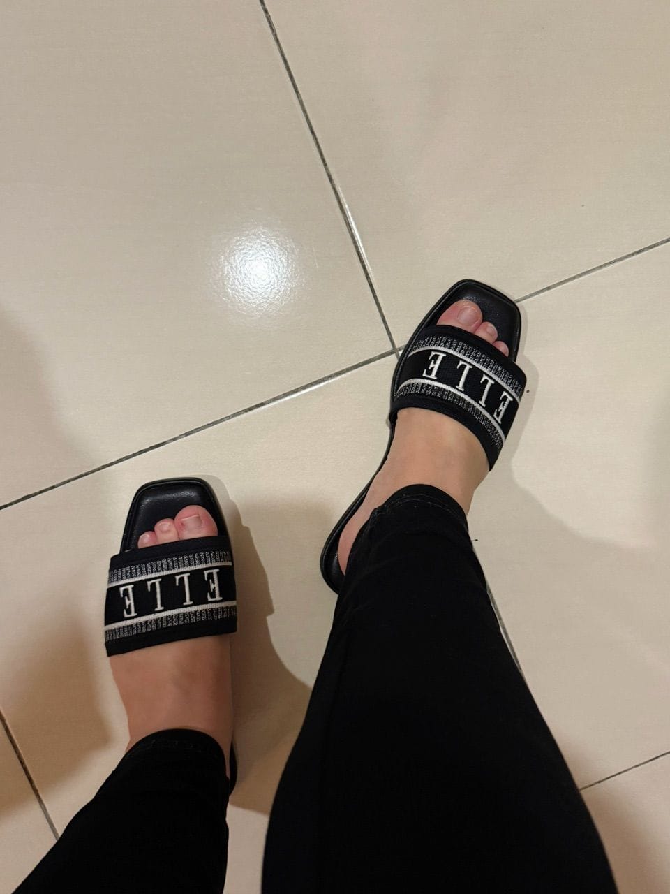 Customer photo review of Renee Logo Stitch Slip-on Sandals In Black