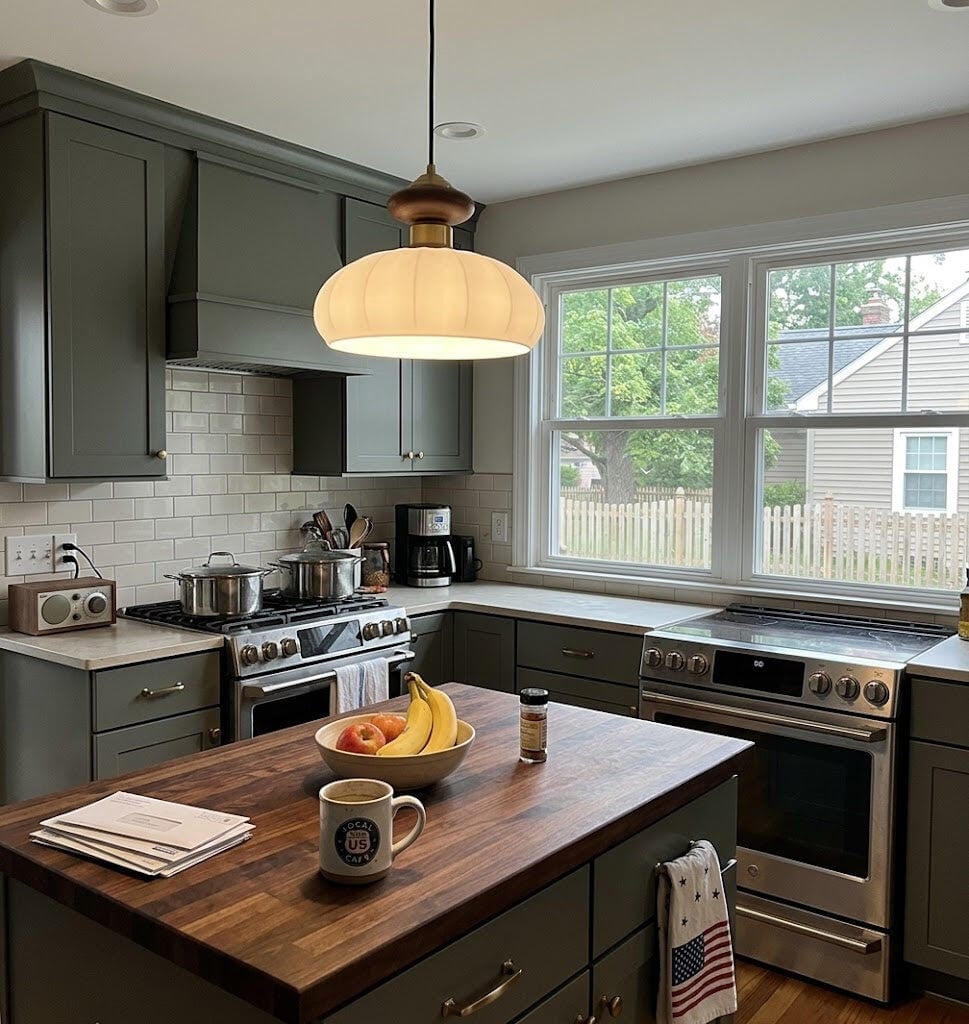 Customer photo review of Walnut Frosted Glass Pendant Light, Brass Accents, 25 cm