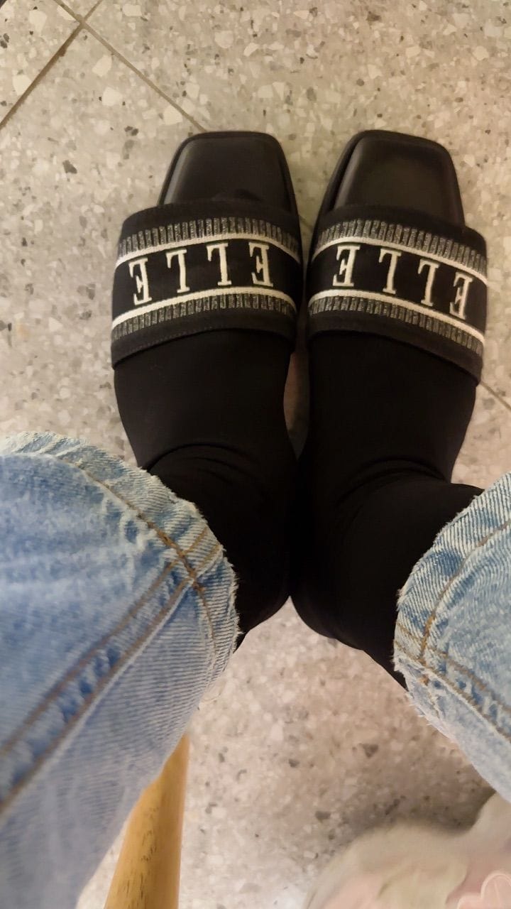 Customer photo review of Renee Logo Stitch Slip-on Sandals In Black