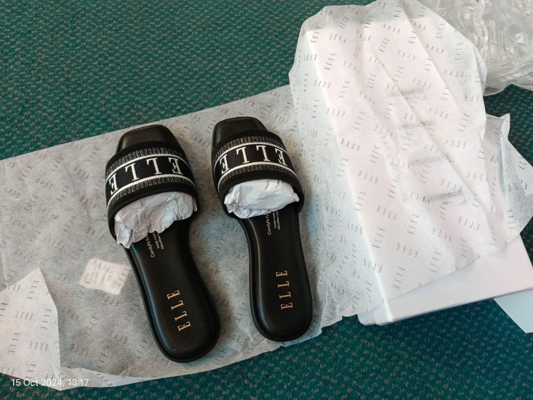 Customer photo review of Renee Logo Stitch Slip-on Sandals In Black
