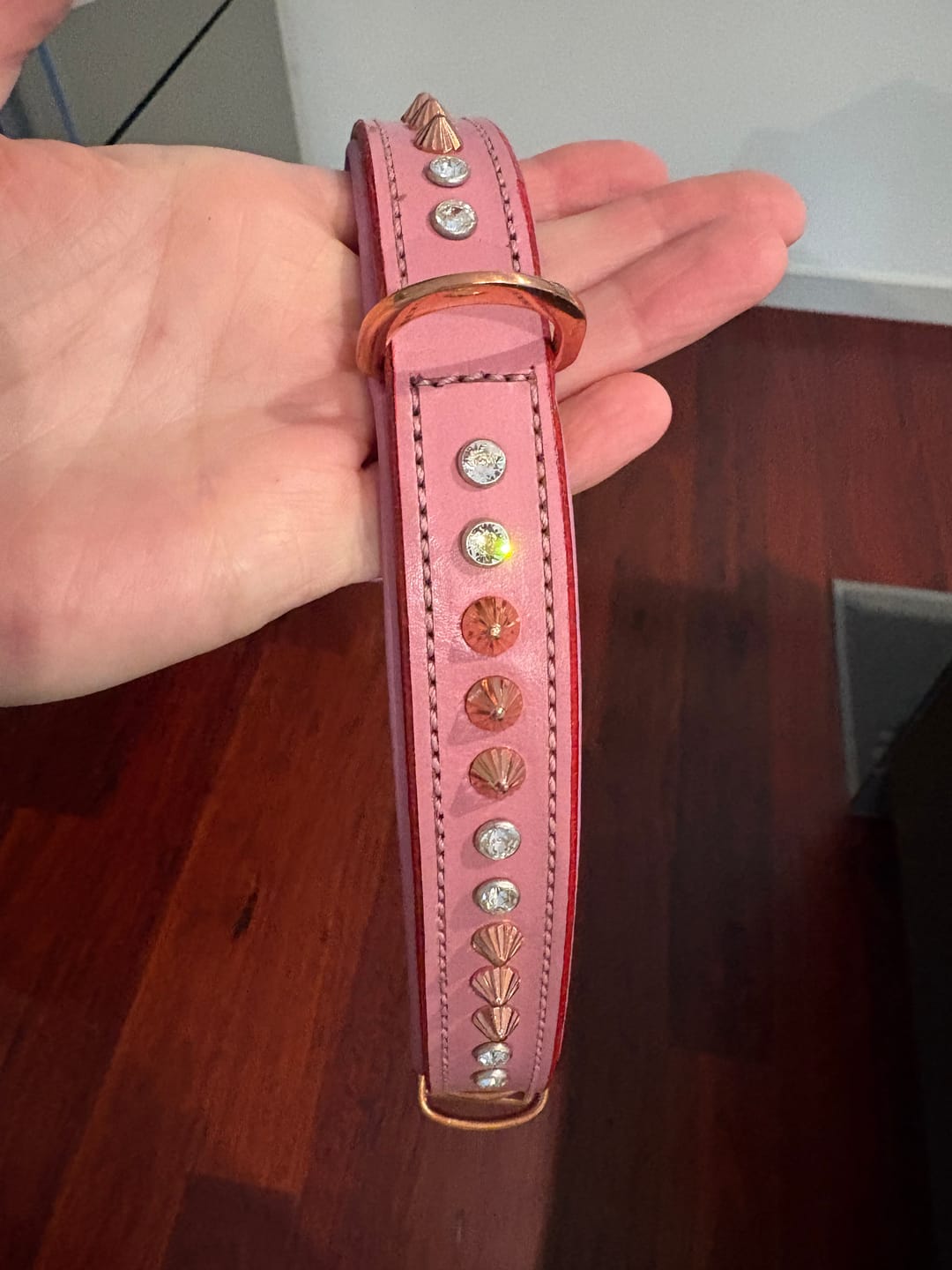 Customer photo review of Hand Made Leather Dog Collar - Baby Pink Crystal & Rose Gold (Slim Fit)