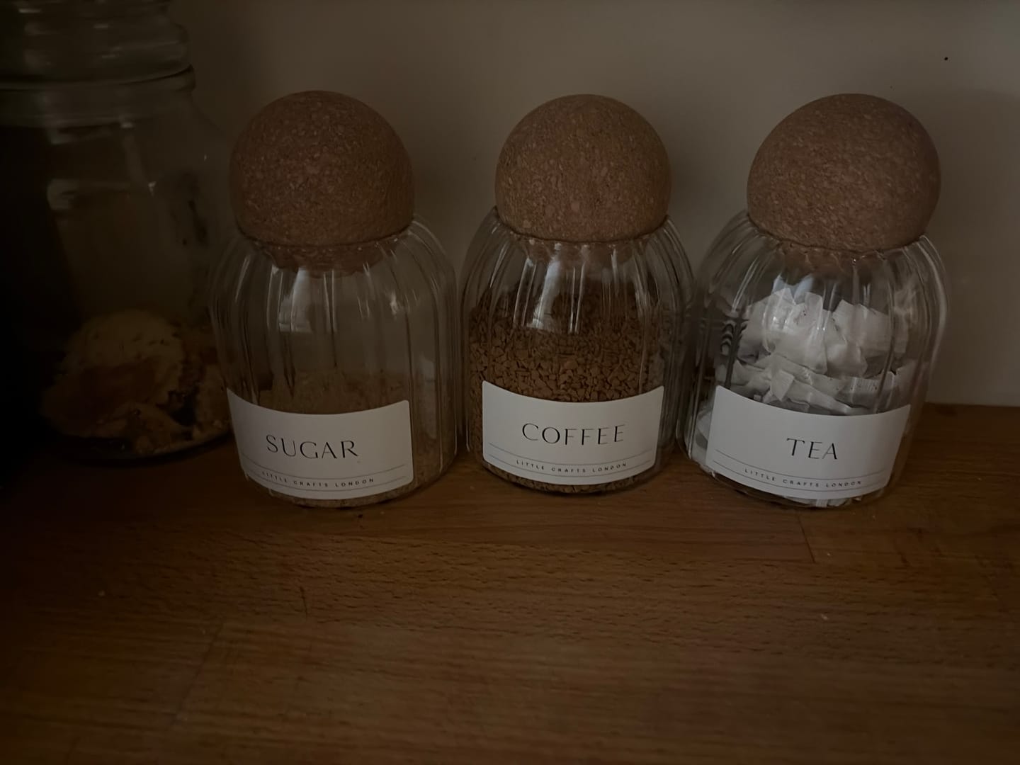 Customer photo review of Set of 3 Cork Ball Glass Jars - Tea, Coffee and Sugar 500ml - Ribbed Cork Ball