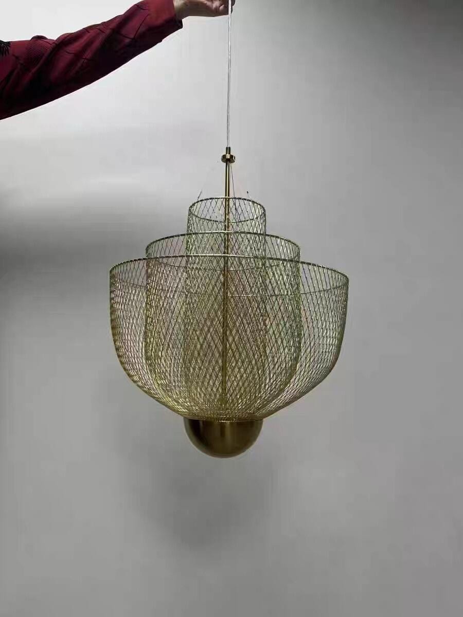 Customer photo review of Wire Mesh Chandelier, Three-Tier Silver Wires, Brass Orb, Built-In LED