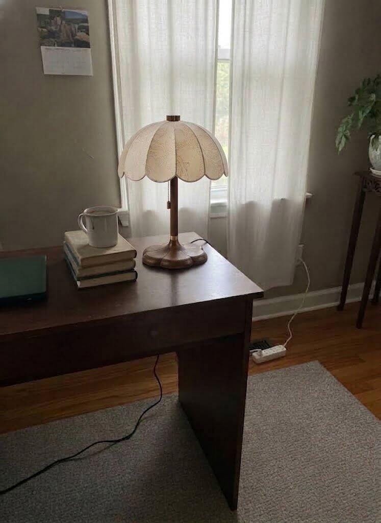 Customer photo review of Table Lamp, Scalloped Beige Fabric Shade, Walnut Wood Base