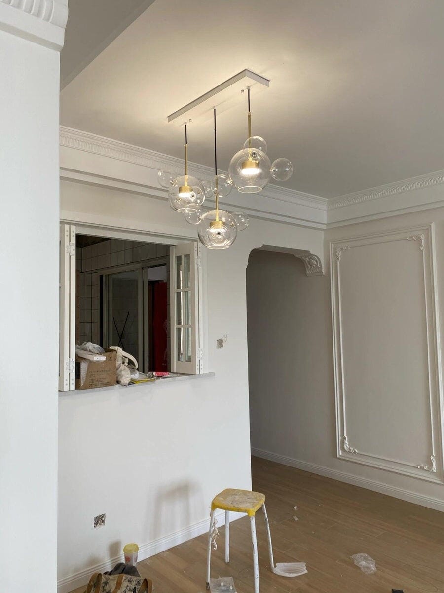 Customer photo review of Gold Pendant Light, Clear Hand-Blown Glass Spheres, Integrated LED