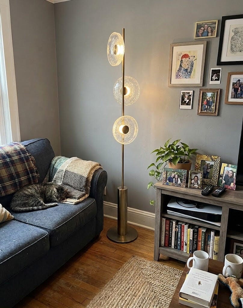 Customer photo review of Floor Lamp, Cracked Glass Discs, Bronze Stem, Integrated LED