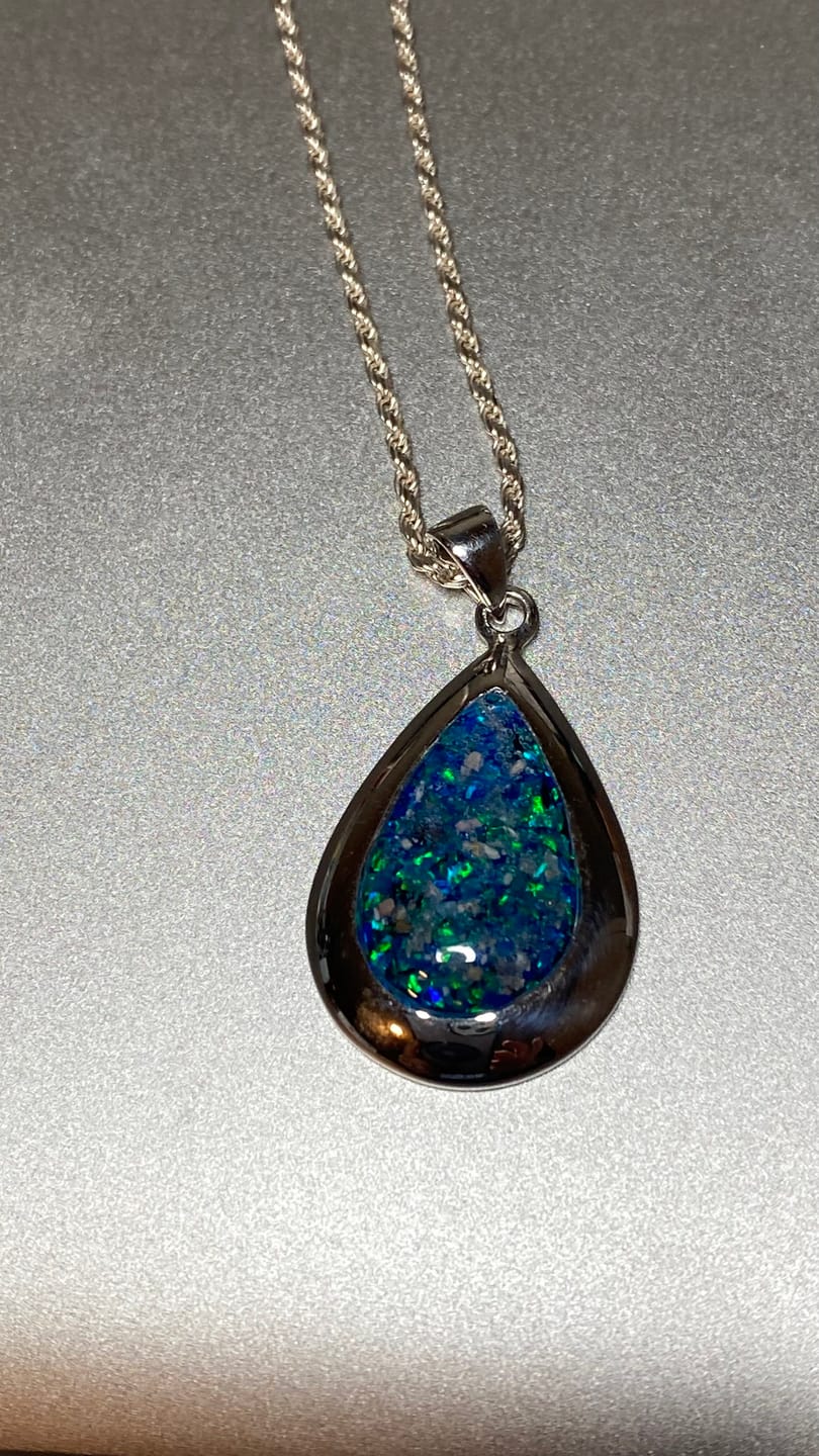 Customer photo review of Pear Drop Opal Cremation Pendant - Engravable