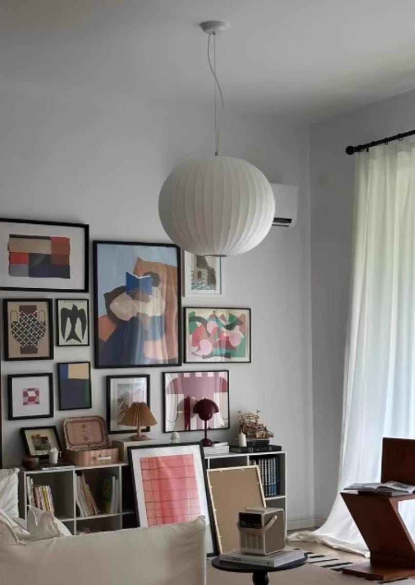 Customer photo review of Pendant Light, White Mulberry Silk Shade, Steel Wire Frame, Hardwired