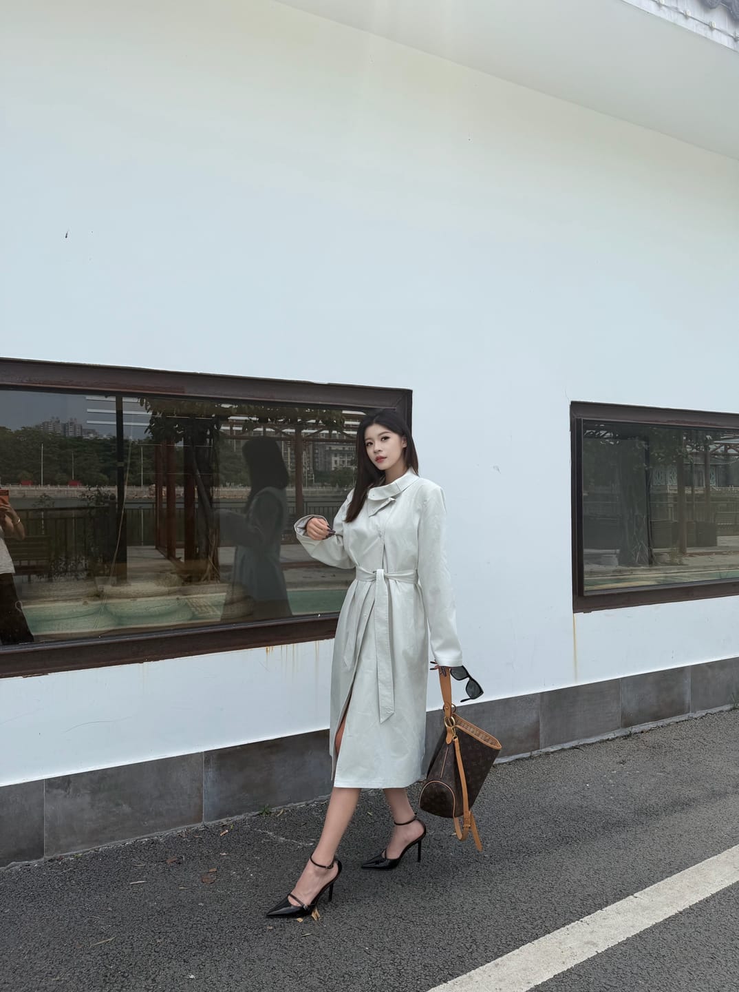 Customer photo review of Hydrae Ivory High-Neck Belted Longline Trench Coat with Sculpted Raglan Seams