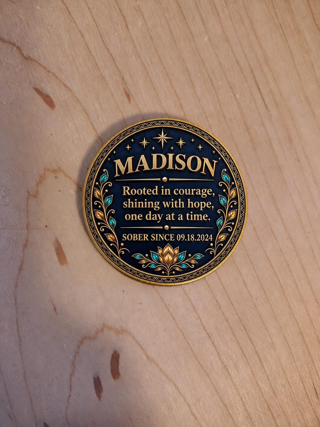 Customer photo review of Custom Northern Lights Sobriety Coin