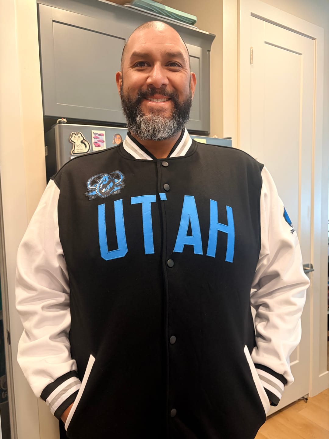 Customer photo review of Custom Black White-Black Raglan Sleeves Varsity Full-Snap Letterman Jacket